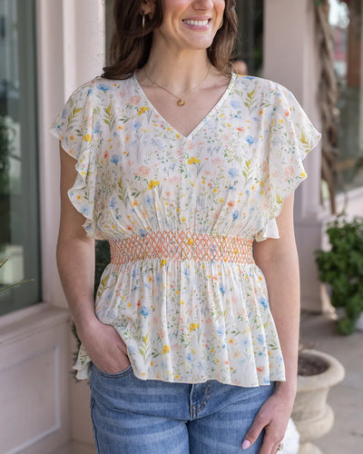 Grace & Lace Smocked Flutter Sleeve Top - Watercolor Floral