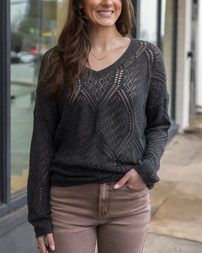 Grace & Lace V-Neck Pointelle Sweater - Charcoal