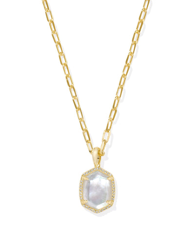 Kendra Scott Daphne Gold Pave Frame Short Pendant Necklace in Iridescent Ivory Illusion
