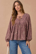Anita Floral Crinkle Peasant Blouse - Dusty Rose