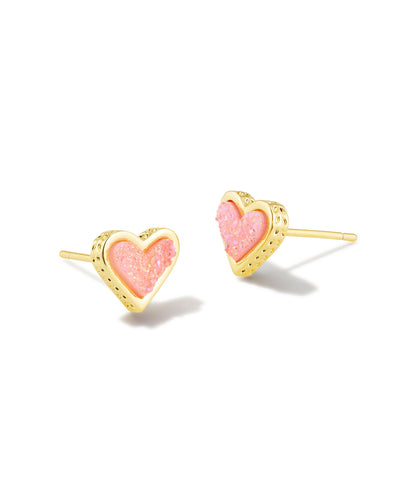 Kendra Scott Framed Ari Heart Gold Stud Earrings in Light Pink Drusy