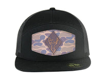 Load image into Gallery viewer, Buck Old School Camo Brown Leather Patch Hat. 7-Panel Trucker Snapback Hat. Hand Burnished Leather Patch: Brown/Khaki