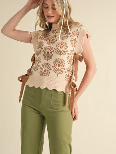 Fancy Floral Bow Tie Sweater Vest - Beige