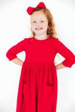 Load image into Gallery viewer, Girl's Red 3/4 Sleeve Pocket Twirl Dress