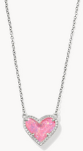 Load image into Gallery viewer, Kendra Scott Ari Heart Short Silver Pendant Necklace in Pink Iridescent Glitter Glass