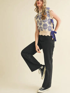 Fancy Floral Bow Tie Sweater Vest - Crown Blue