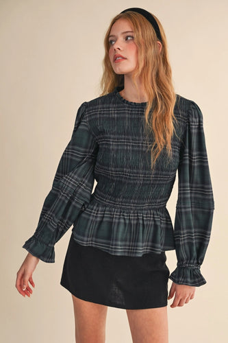 Plaid Tidings Peplum Top - Green