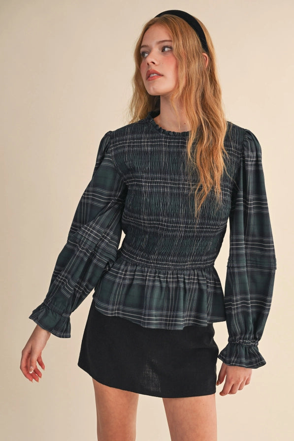 Plaid Tidings Peplum Top - Green
