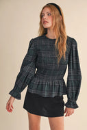 Plaid Tidings Peplum Top - Green