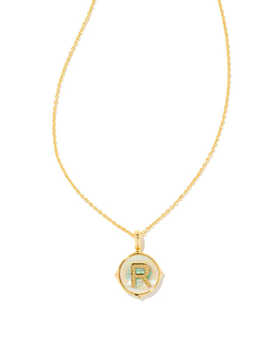 Letter R Gold Disc Reversible Pendant Necklace in Iridescent Abalone by Kendra Scott