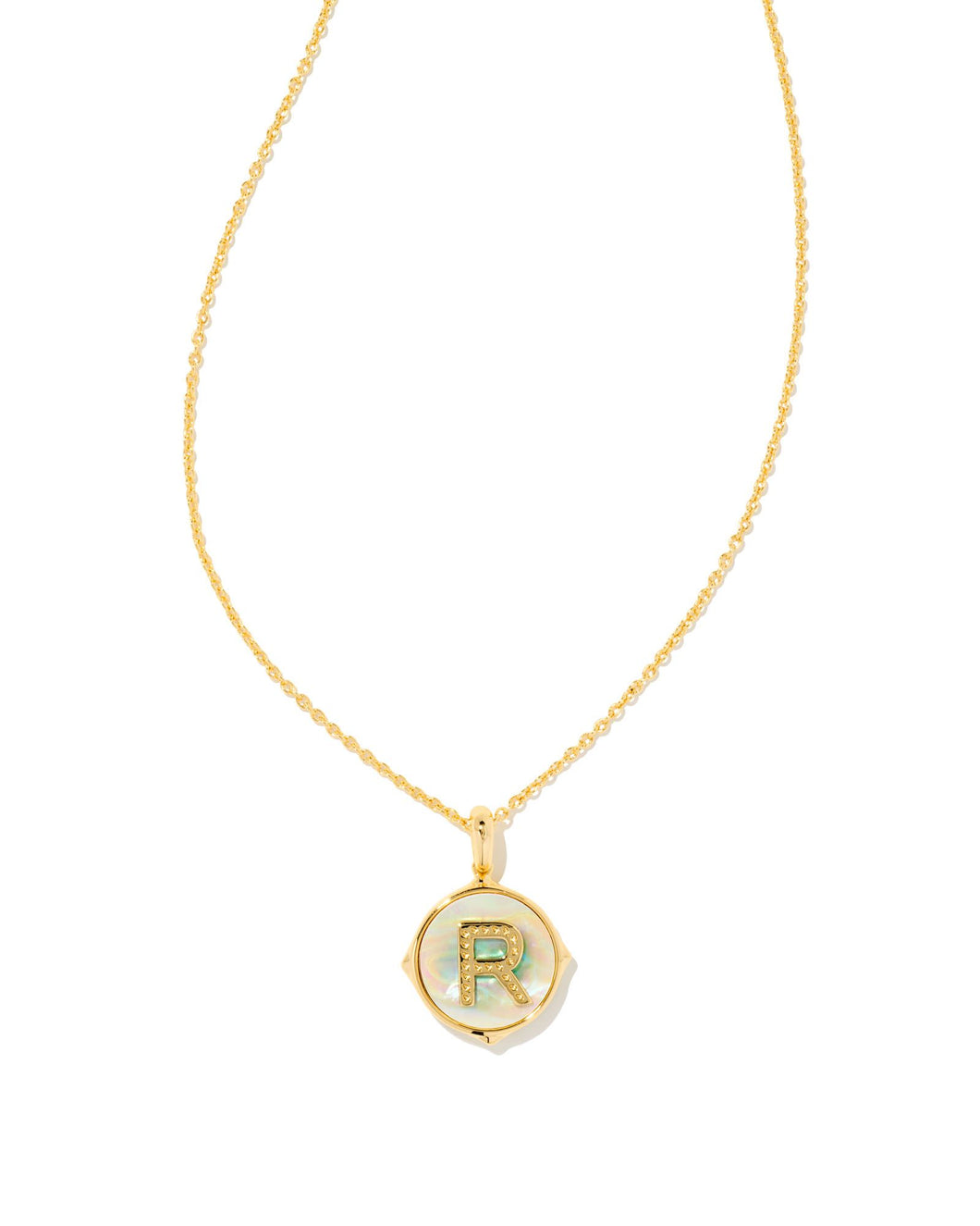 Letter R Gold Disc Reversible Pendant Necklace in Iridescent Abalone by Kendra Scott