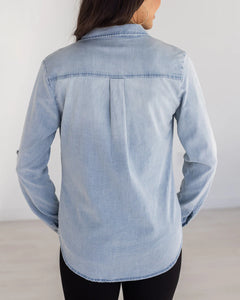 Grace & Lace Stretch Chambray Button Top - Light Wash
