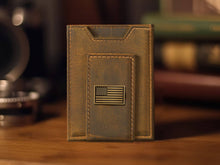 Load image into Gallery viewer, American Flag Vintage Tan Leather Magnetic Front Pocket Wallet