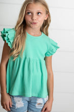 Load image into Gallery viewer, Girl's Double Ruffle Flutter Sleeve Top - Turquoise
