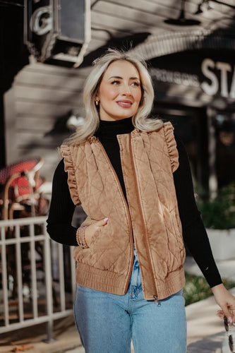 Quilted Ruffle Vests - Brown