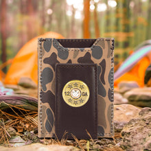 Load image into Gallery viewer, Shotshell Men's Magnetic Front Pocket Old School Camo Leather Wallet.: Green/Gray Camo
