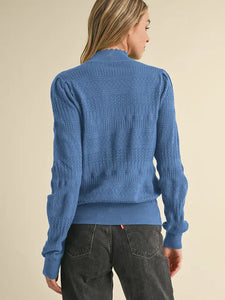 Ruth Pointelle Mock Neck Sweater - Steel Blue