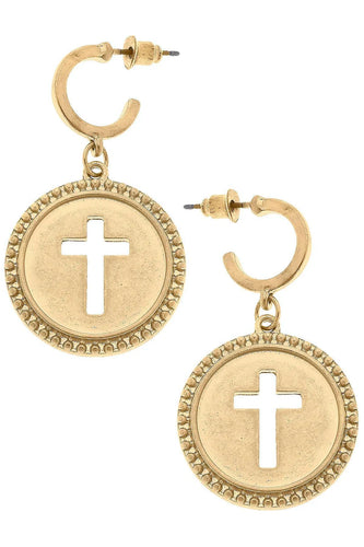 Canvas Candace Coin Cross Drop Hoop Earrings in Worn Gold