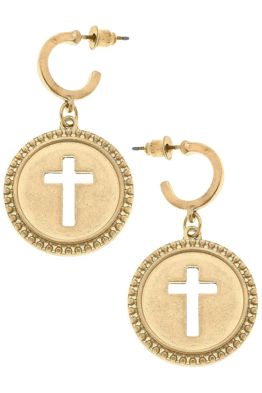 Canvas Candace Coin Cross Drop Hoop Earrings in Worn Gold