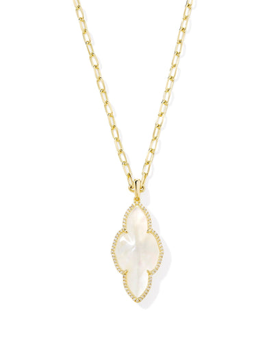 Kendra Scott Abbie Gold Pave Frame Large Long Pendant Necklace in Ivory Mother of Pearl
