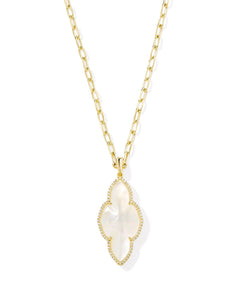 Kendra Scott Abbie Gold Pave Frame Large Long Pendant Necklace in Ivory Mother of Pearl