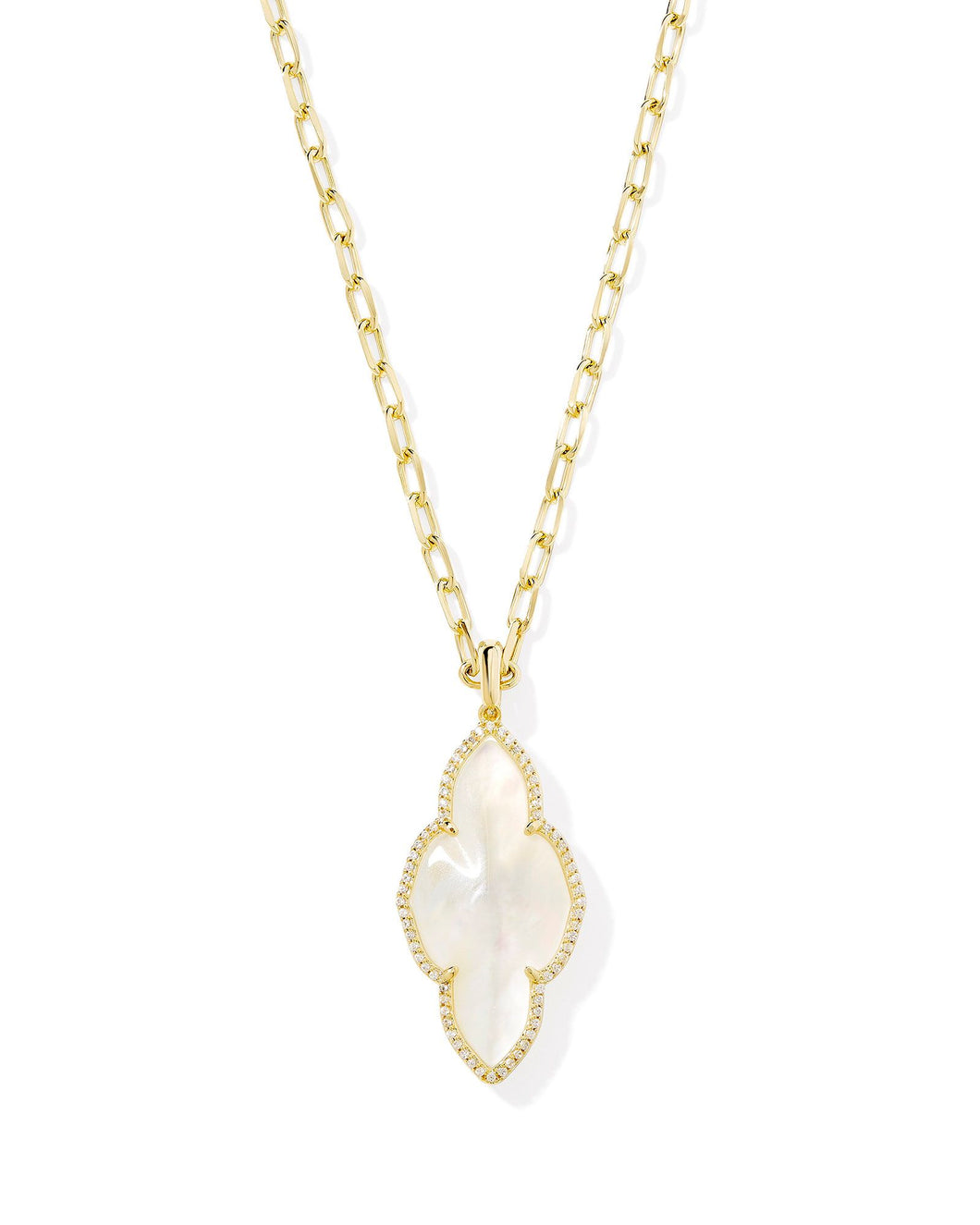 Kendra Scott Abbie Gold Pave Frame Large Long Pendant Necklace in Ivory Mother of Pearl