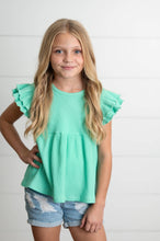 Load image into Gallery viewer, Girl's Double Ruffle Flutter Sleeve Top - Turquoise
