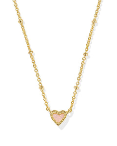 Kendra Scott Mini Ari Heart Gold Satellite Short Pendant Necklace in Rose Quartz