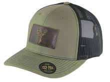 Load image into Gallery viewer, Buck Hand Burnished Leather Patch Snapback Trucker Hat: Brown/Khaki