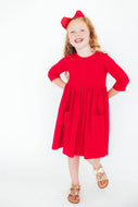 Girl's Red 3/4 Sleeve Pocket Twirl Dress
