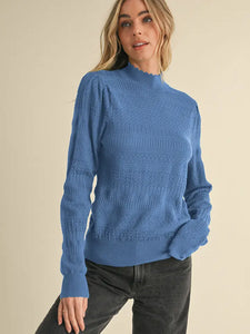 Ruth Pointelle Mock Neck Sweater - Steel Blue