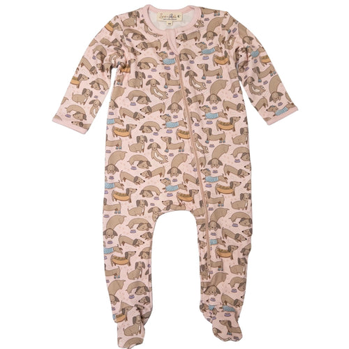 Magnolia Baby Zip Footie - Dusty Rose Dachshund