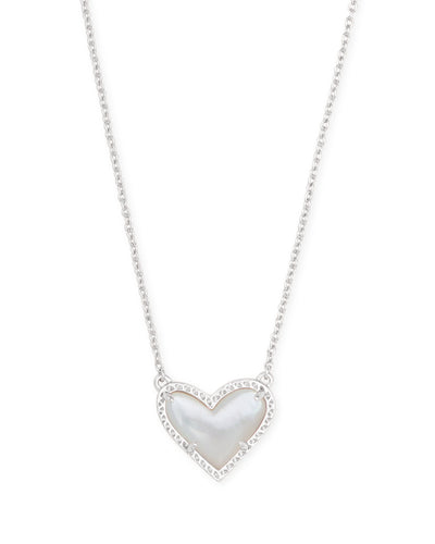 Kendra Scott Ari Heart Short Silver Pendant Necklace in Ivory Mother of Pearl