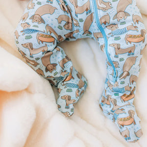 Magnolia Baby Zip Footie - Blue Dachshund