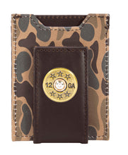 Load image into Gallery viewer, Shotshell Men's Magnetic Front Pocket Old School Camo Leather Wallet.: Green/Gray Camo