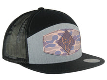 Load image into Gallery viewer, Buck Old School Camo Brown Leather Patch Hat. 7-Panel Trucker Snapback Hat. Hand Burnished Leather Patch: Brown/Khaki