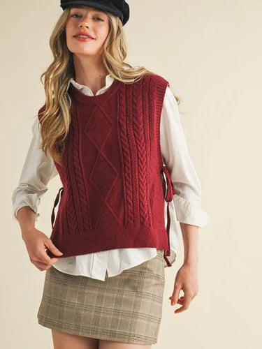 Carlie Cable Knit Side Tie Sweater Vest - Wine