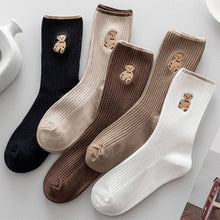 Load image into Gallery viewer, Brown Bear Embroidery Cotton Crew Socks -Ivory