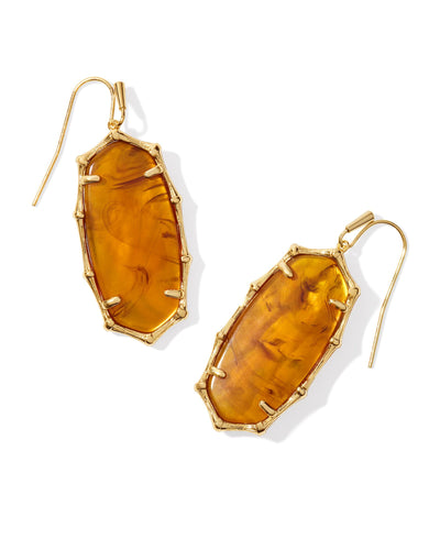 Kendra Scott Elle Gold Bamboo Frame Drop Earrings in Marbled Amber Illusion