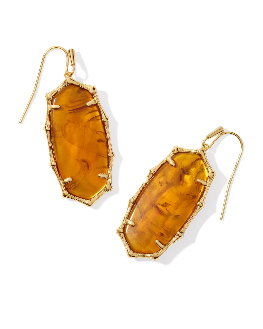 Kendra Scott Elle Gold Bamboo Frame Drop Earrings in Marbled Amber Illusion