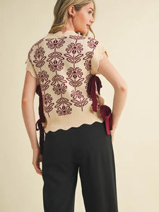 Fancy Floral Bow Tie Sweater Vest - Mauve Wine