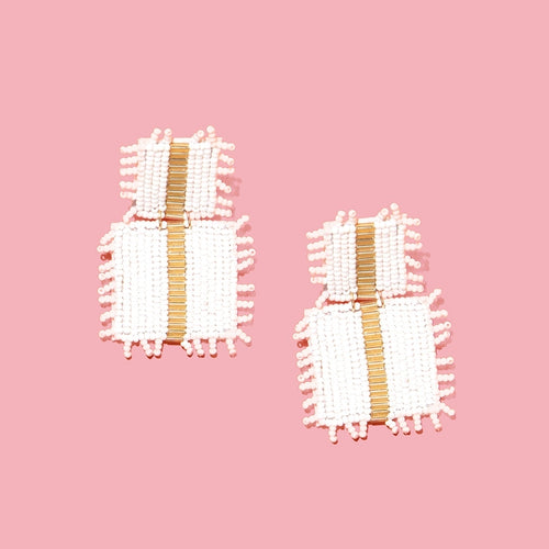 Pierce + Hide Beaded Fringe Square Drop Earrings - White