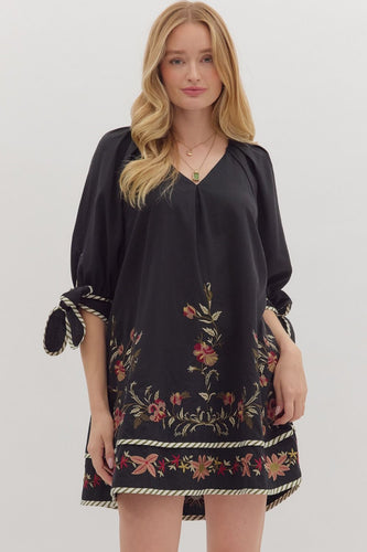 Megan Floral Embroidered Dress - Black