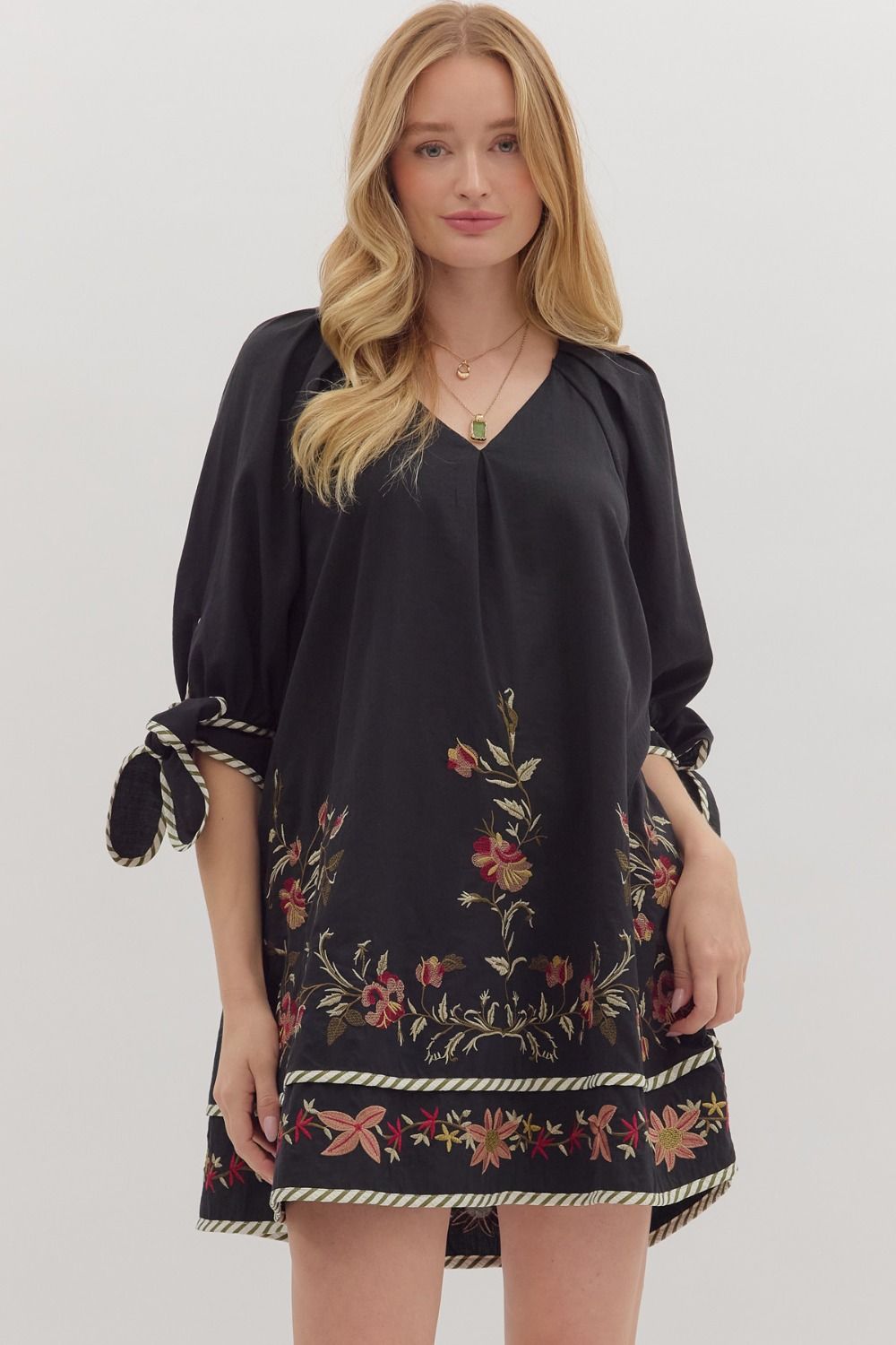 Megan Floral Embroidered Dress - Black