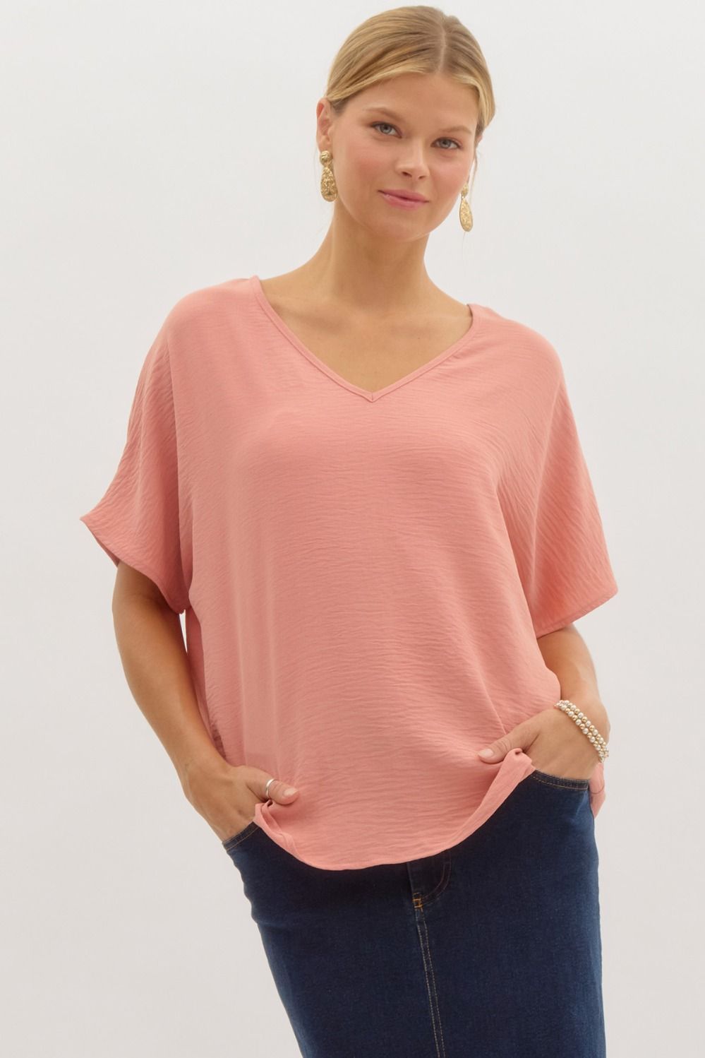 Blissful Basics V-Neck Top - Salmon