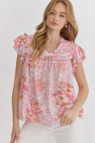 Rosey Floral Ruffle Top - Pink