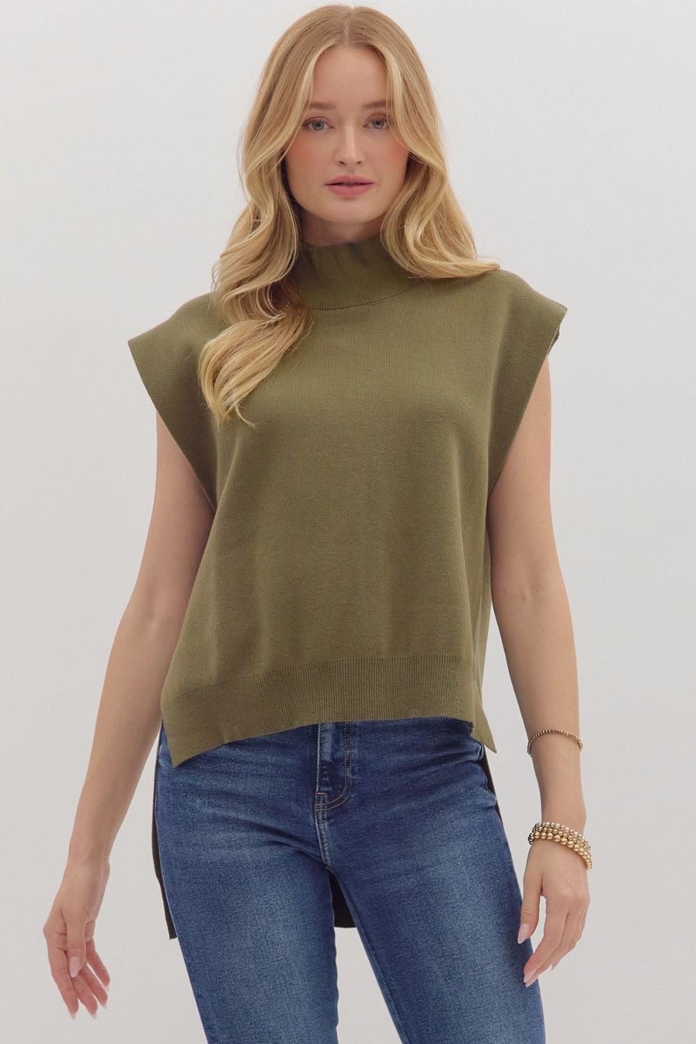 Elena Mock Neck Sweater Vest - Olive