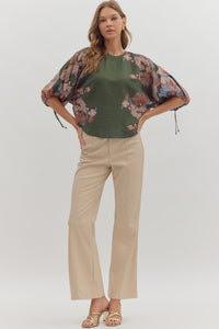 Jenny Botanical Print Top - Olive