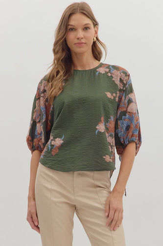 Jenny Botanical Print Top - Olive