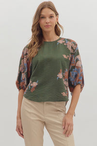 Jenny Botanical Print Top - Olive